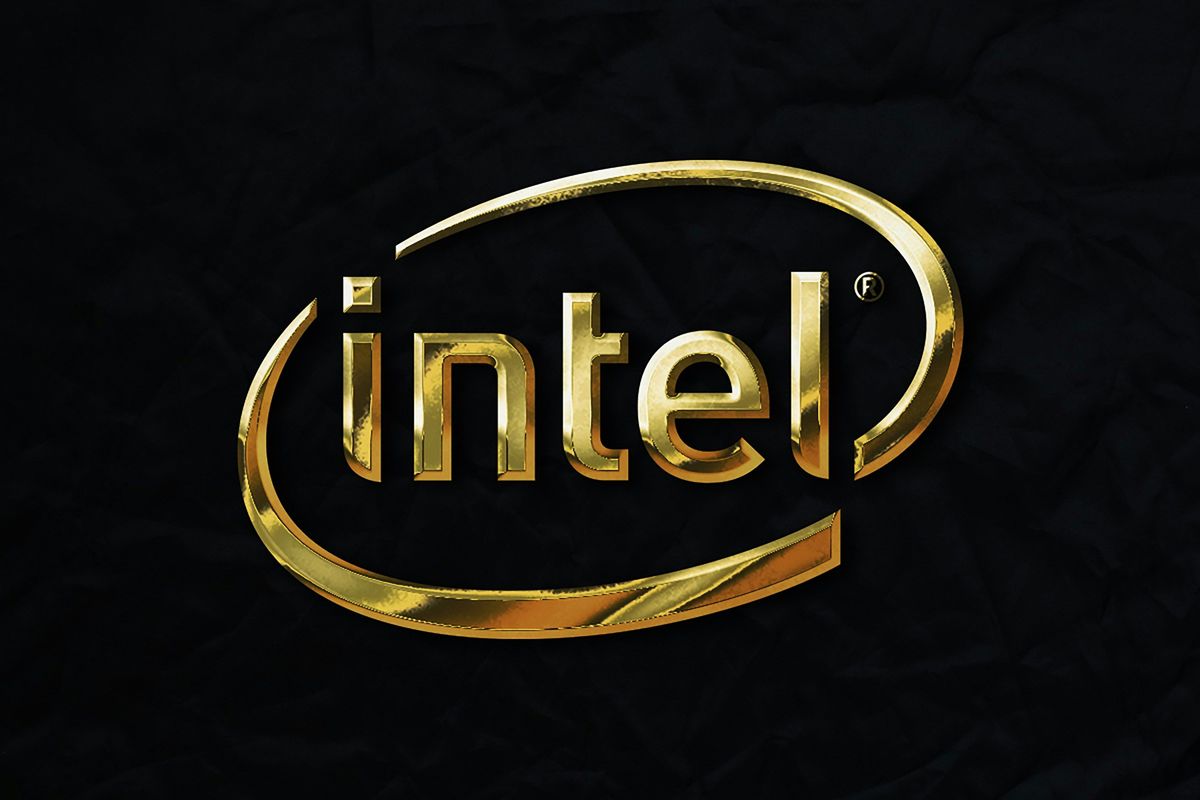 Gold Intel logo on black background.