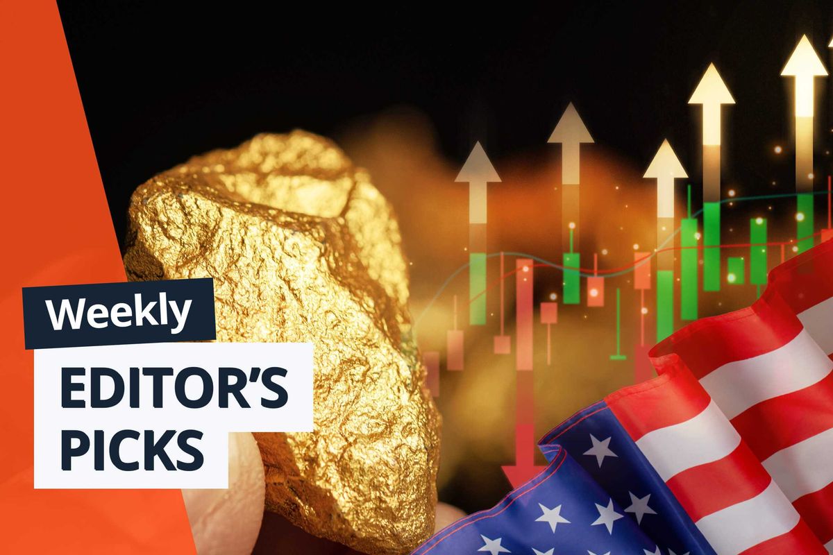 Gold nugget, stock chart,and US flag with "Weekly Editor's Picks" text.