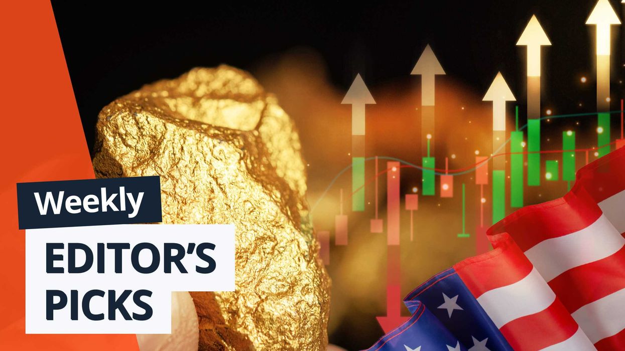 Gold nugget, stock chart,and US flag with "Weekly Editor's Picks" text.
