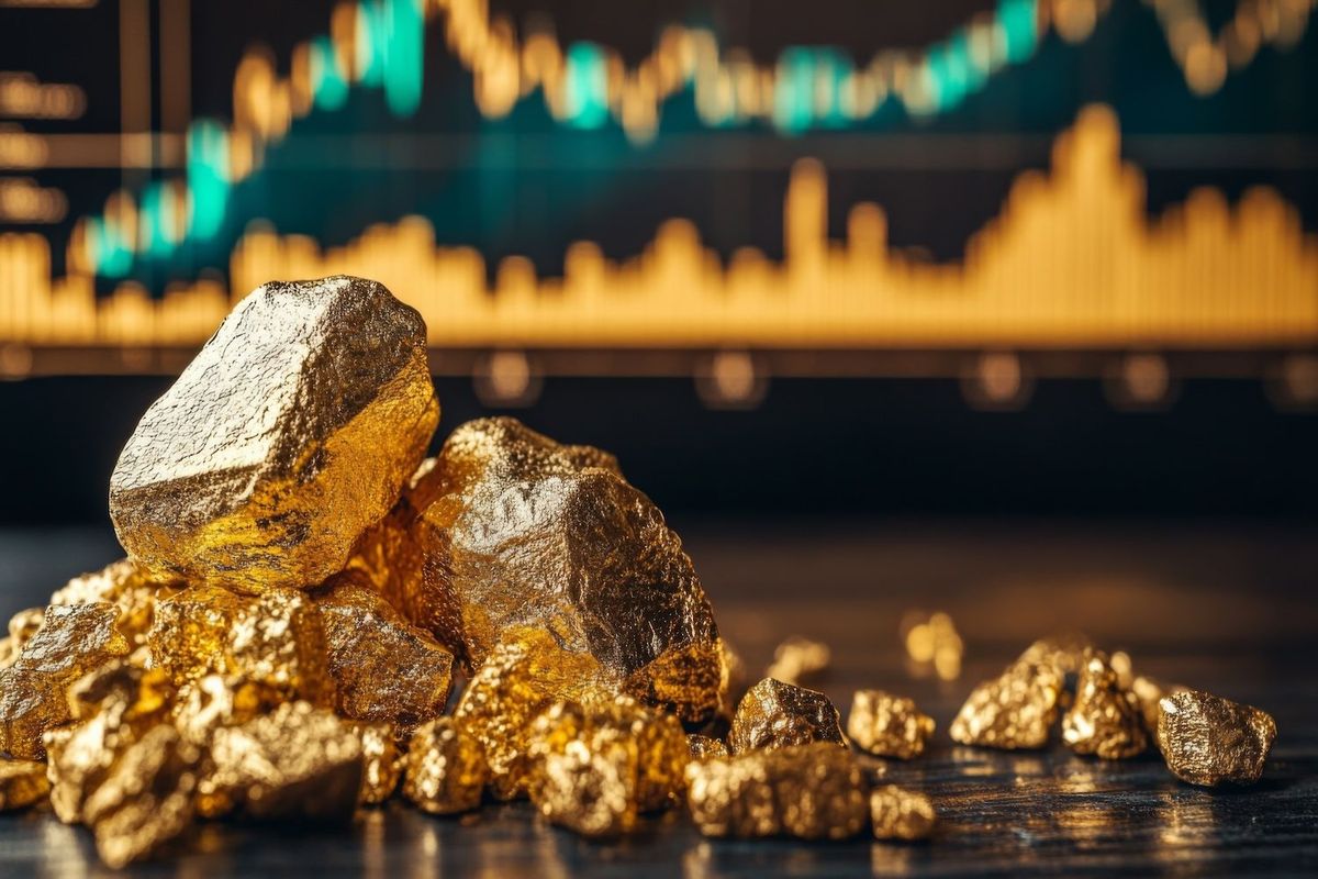 Gold nuggets on table with a blurred financial chart in the background.