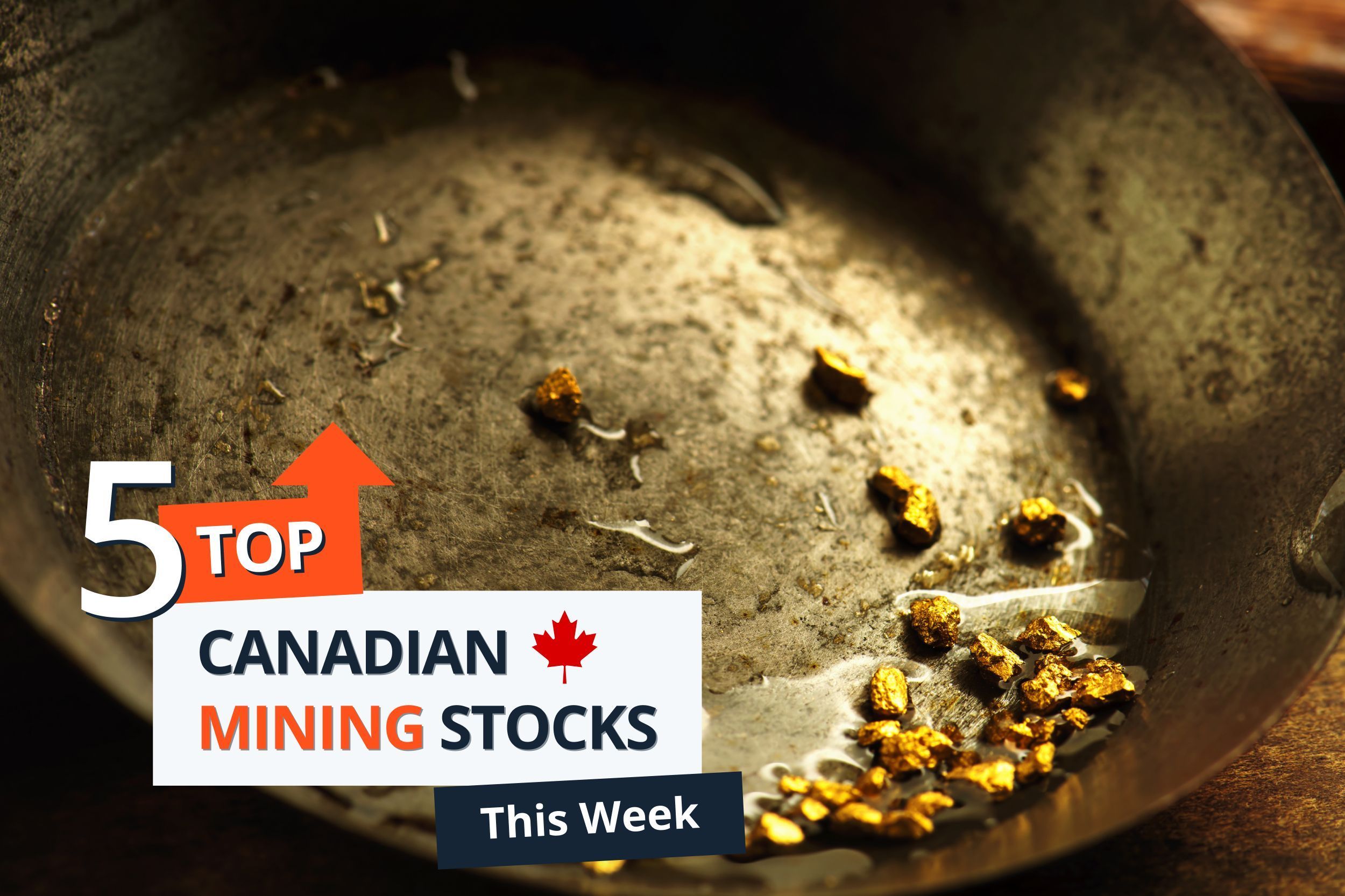 Gold pan holding pieces of gold from creek placer deposit, with words "5 Top Canadian Mining Stocks This Week."