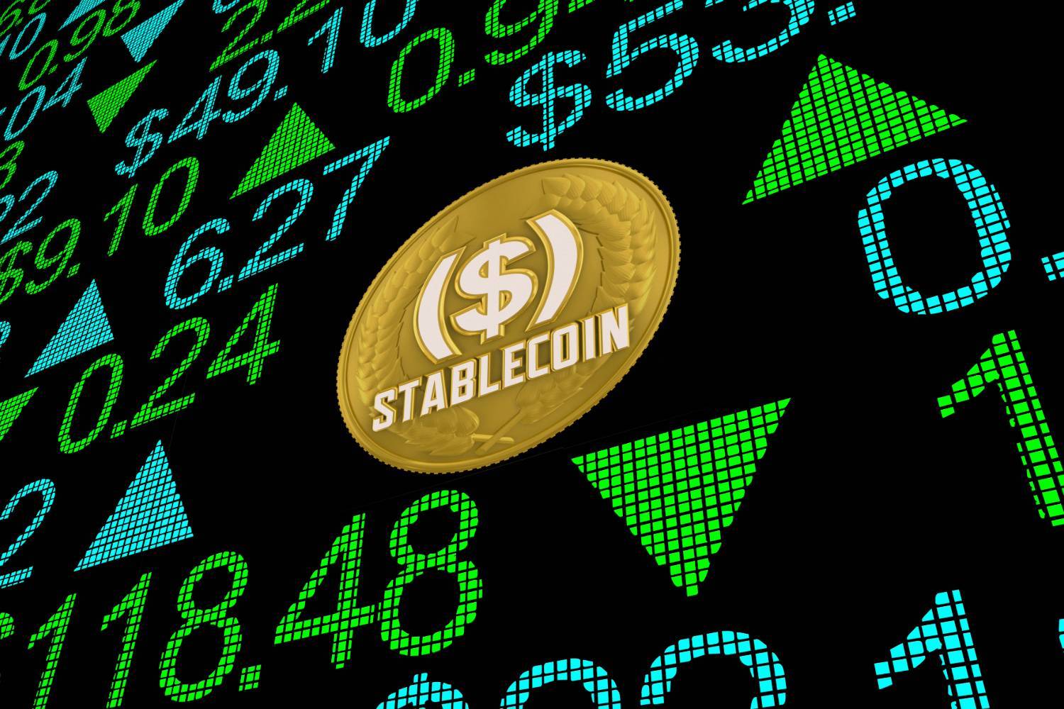 Gold stablecoin against stock ticker backdrop.