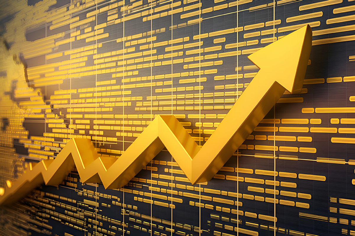 Gold zigzag arrow rising on a grid background.