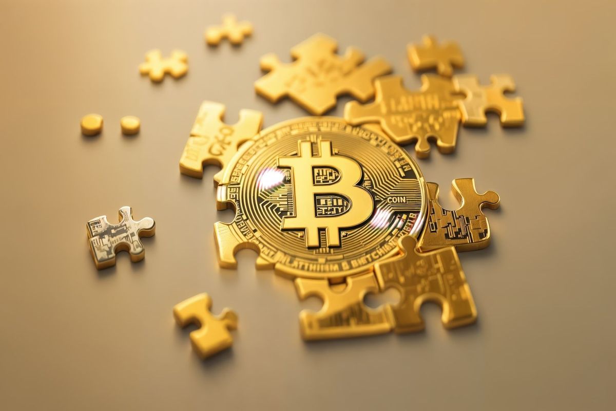 Golden Bitcoin puzzle pieces on a reflective surface.