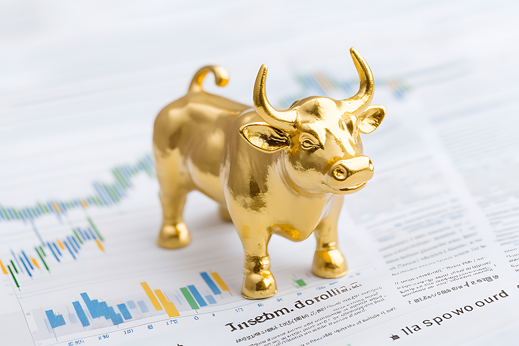 Golden bull figurine on stock market chart.