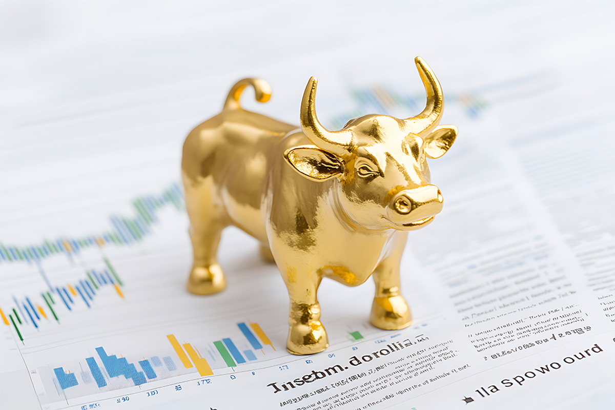 Golden bull figurine on stock market chart.