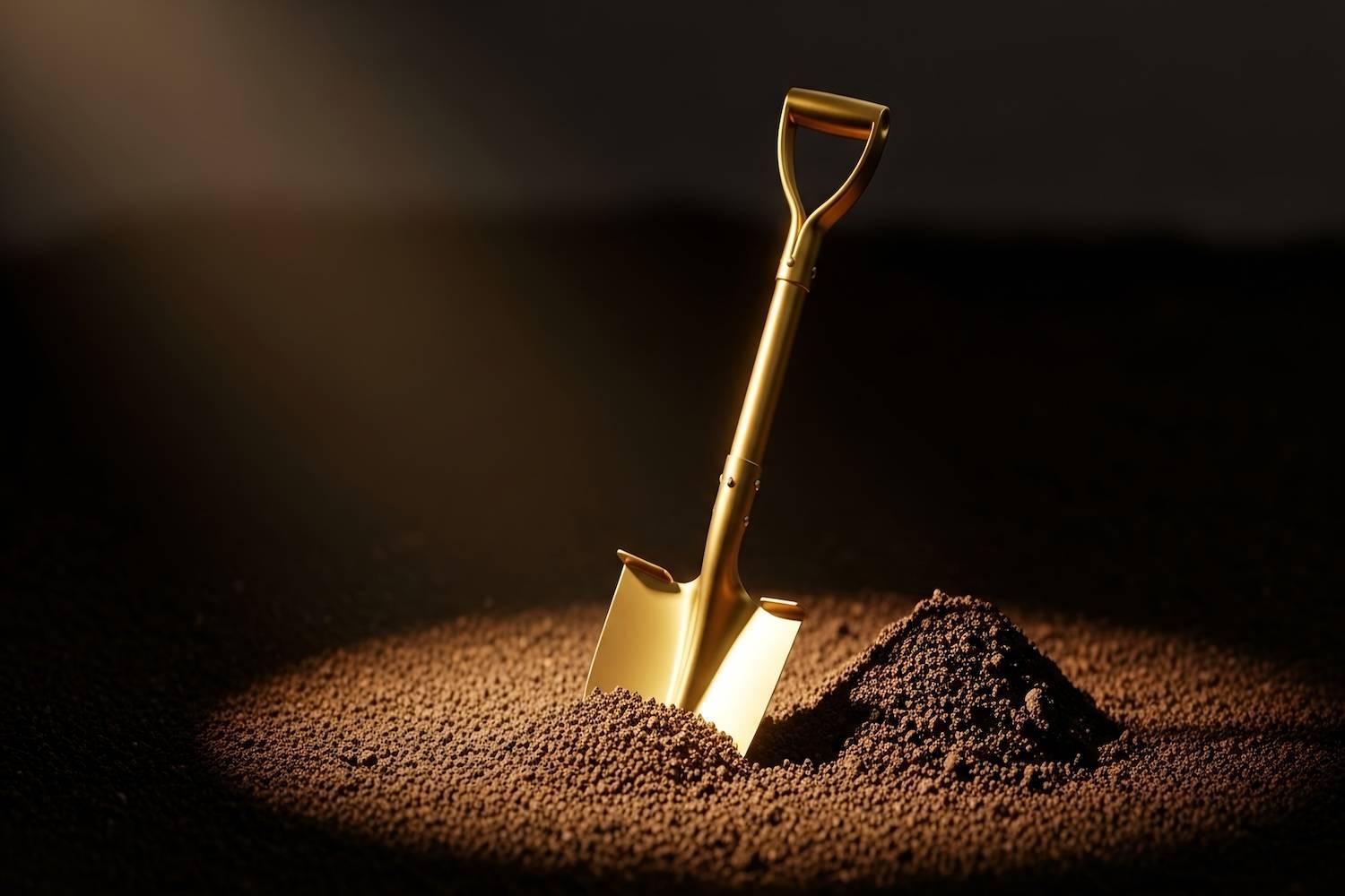 Golden shovel partially buried in a pile of dark soil, illuminated by focused light.