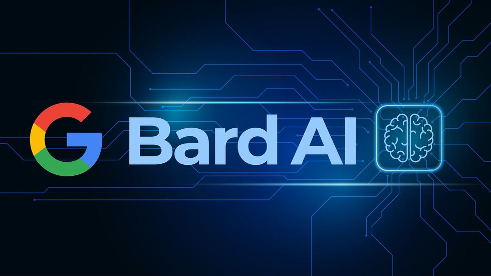 Google logo beside the words "Bard AI" in front of a computer circuit.