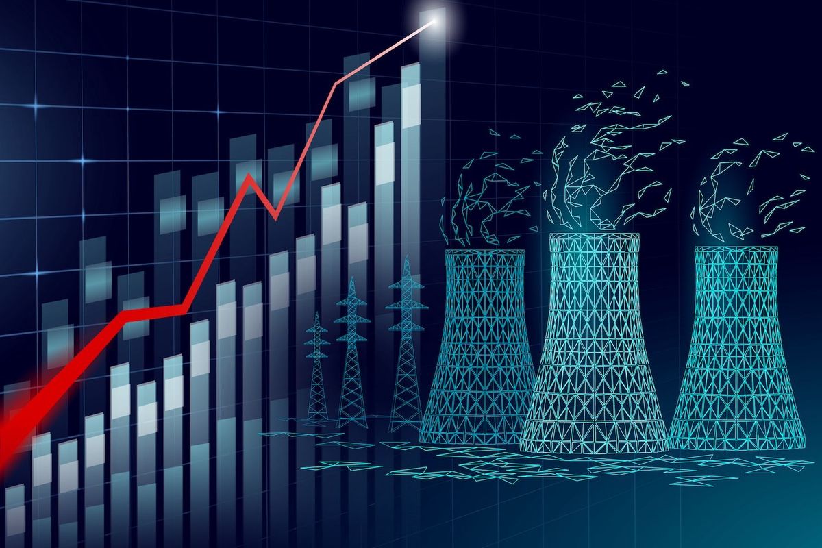 Graph with rising red line next to stylized cooling towers emitting digital particles.