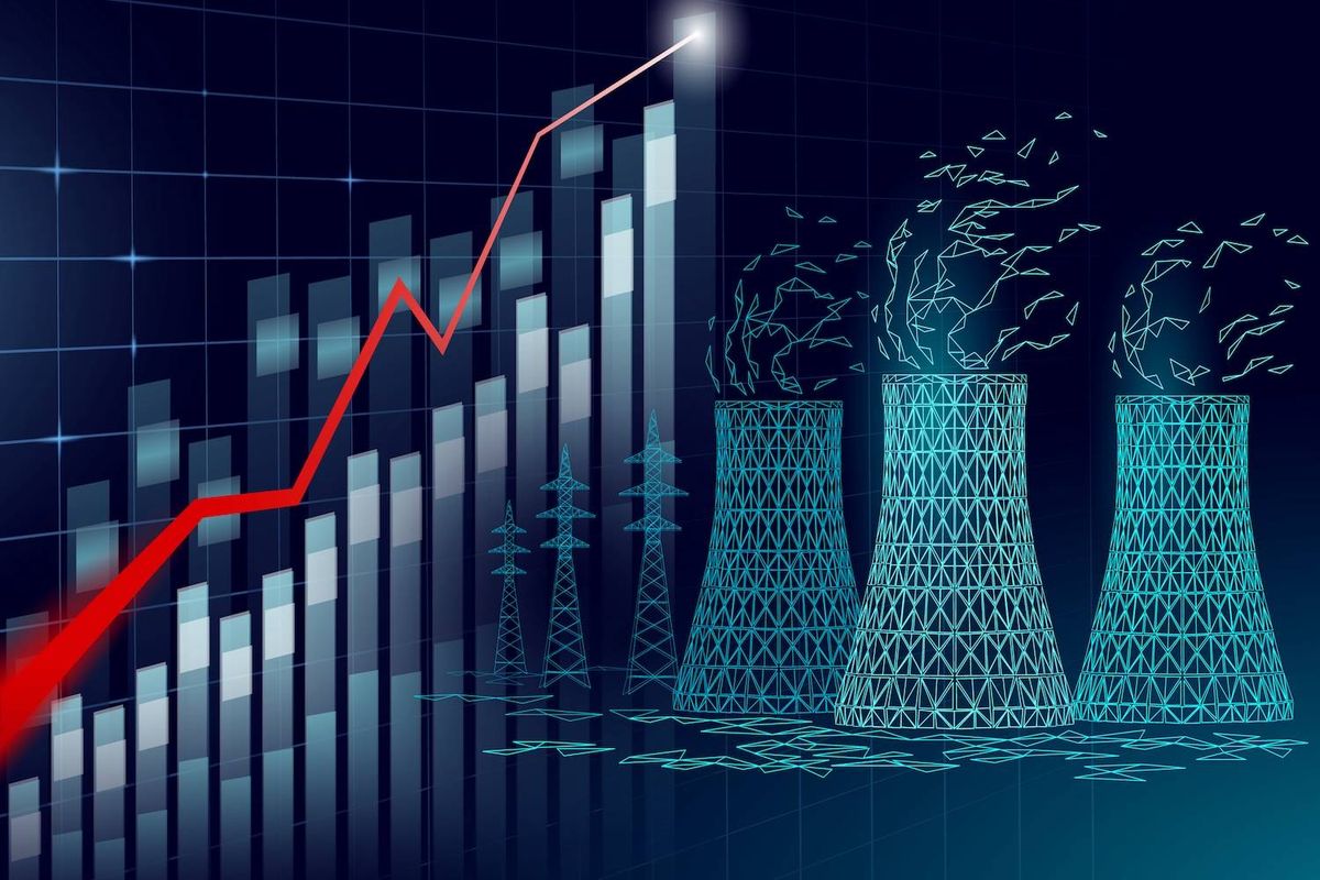 Graph with rising trend line next to digital cooling towers and electric pylons.