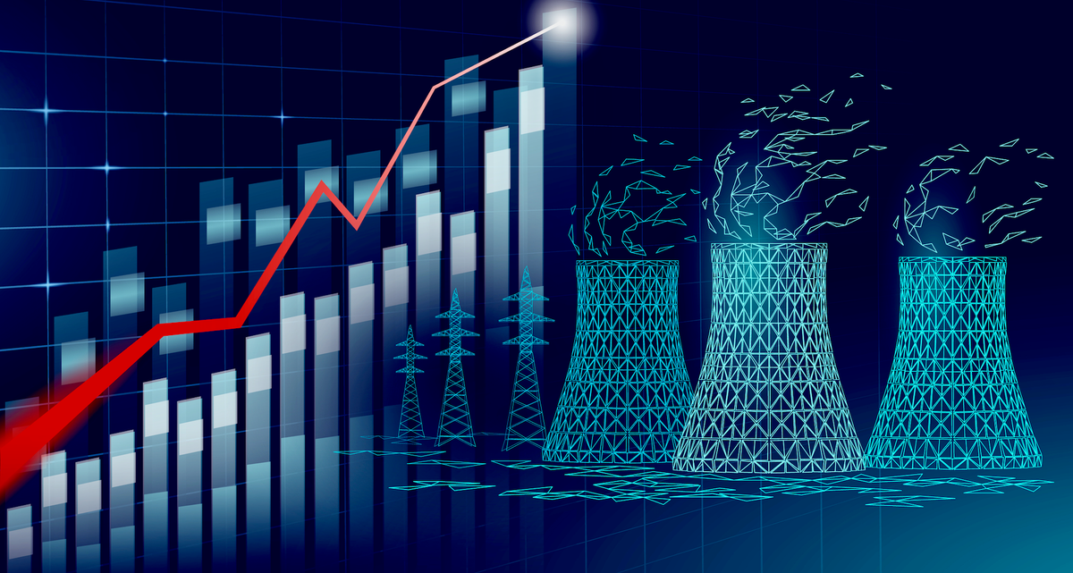 Graph with rising trend, nuclear cooling towers emitting steam, and electrical towers.