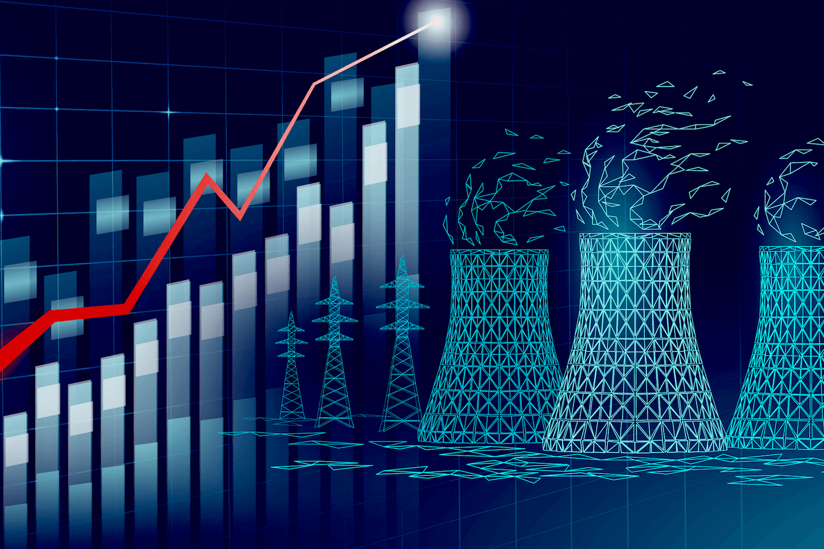 Graph with rising trend, nuclear cooling towers emitting steam and electrical towers.