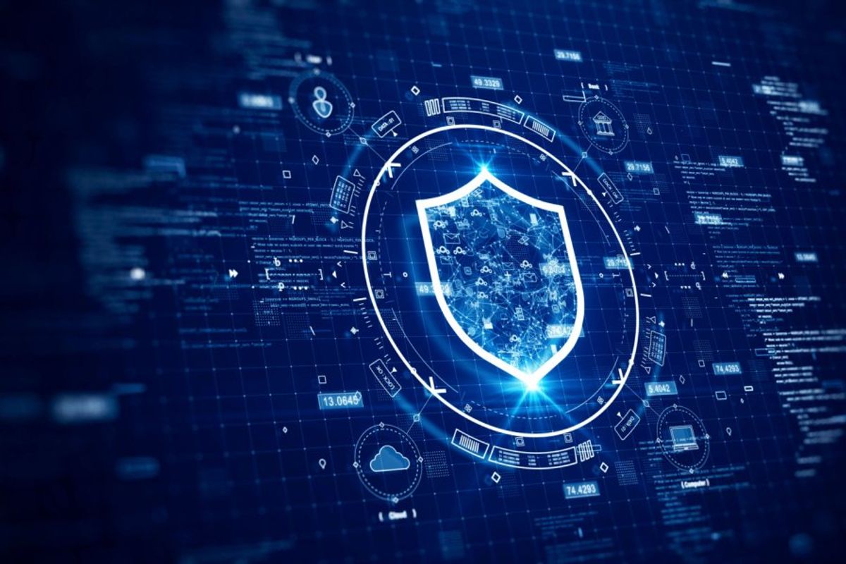 Graphic of a shield and icons representing banks, computers and the cloud.