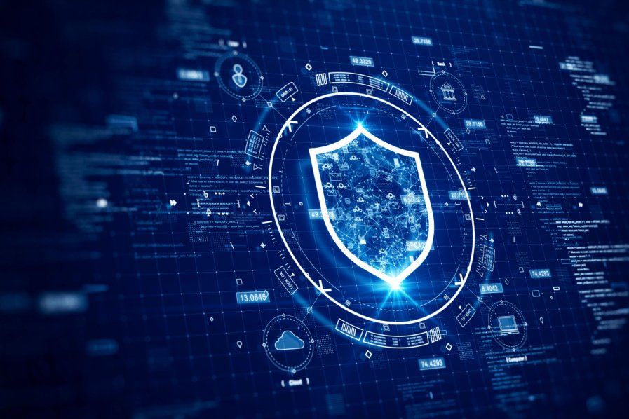 Graphic of a shield and icons representing banks, computers and the cloud.