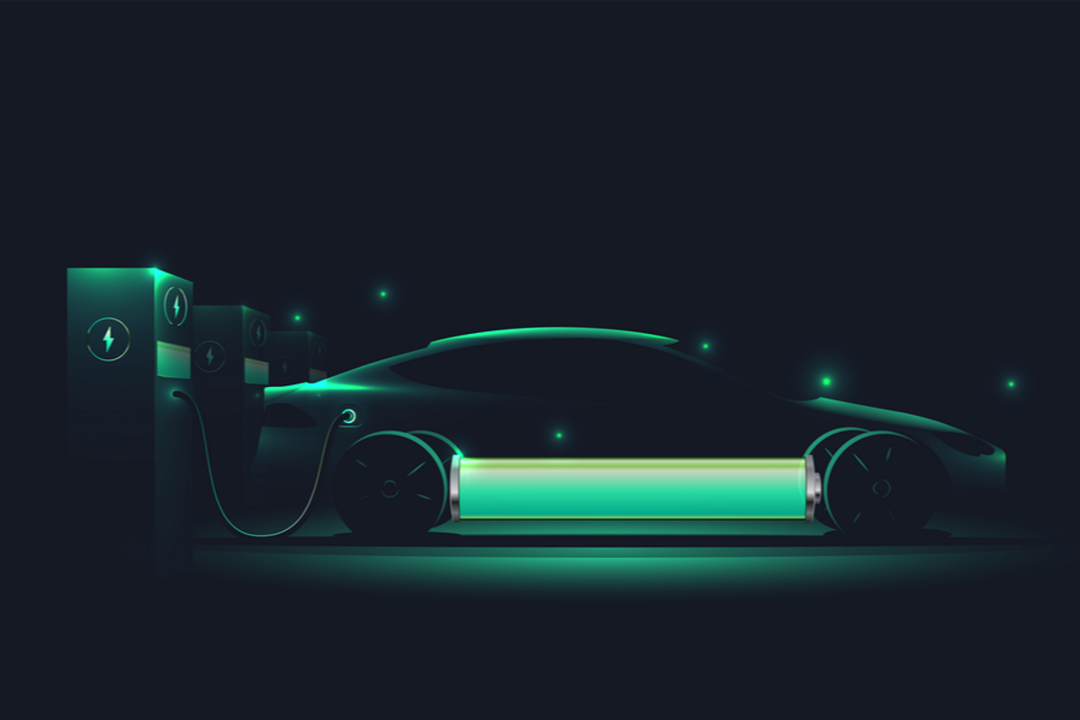 graphic of an electric vehicle charging with a large battery inside it