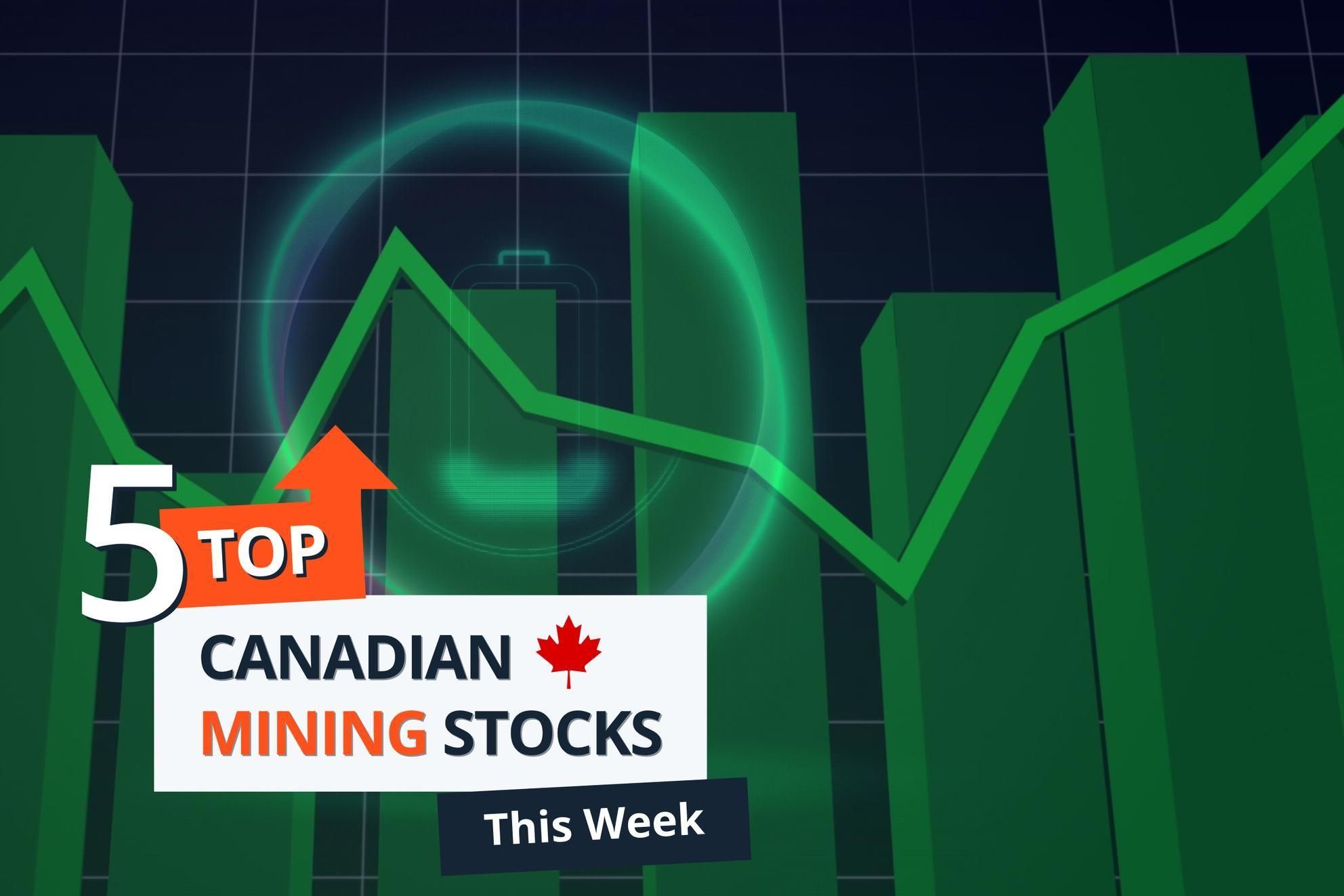 Green bar graph of rising stocks line and battery symbol with text: "5 Top Canadian Mining Stocks This Week."