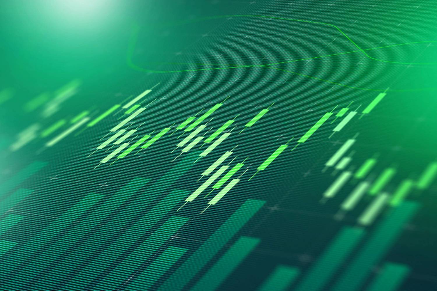 Green candlestick chart with glowing lines overlays on a grid-patterned background.