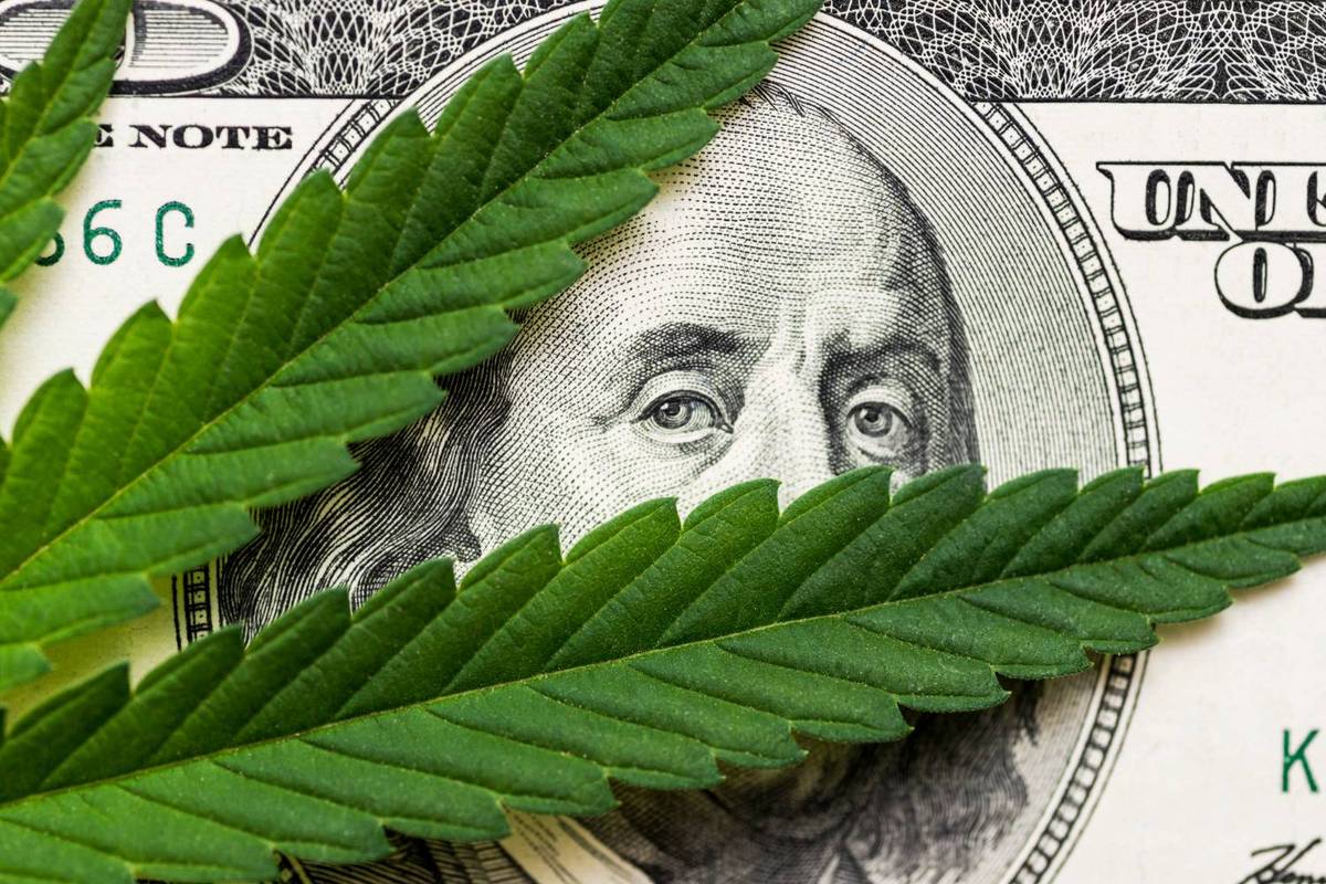 Green cannabis leaf partially covers a US$100 bill.
