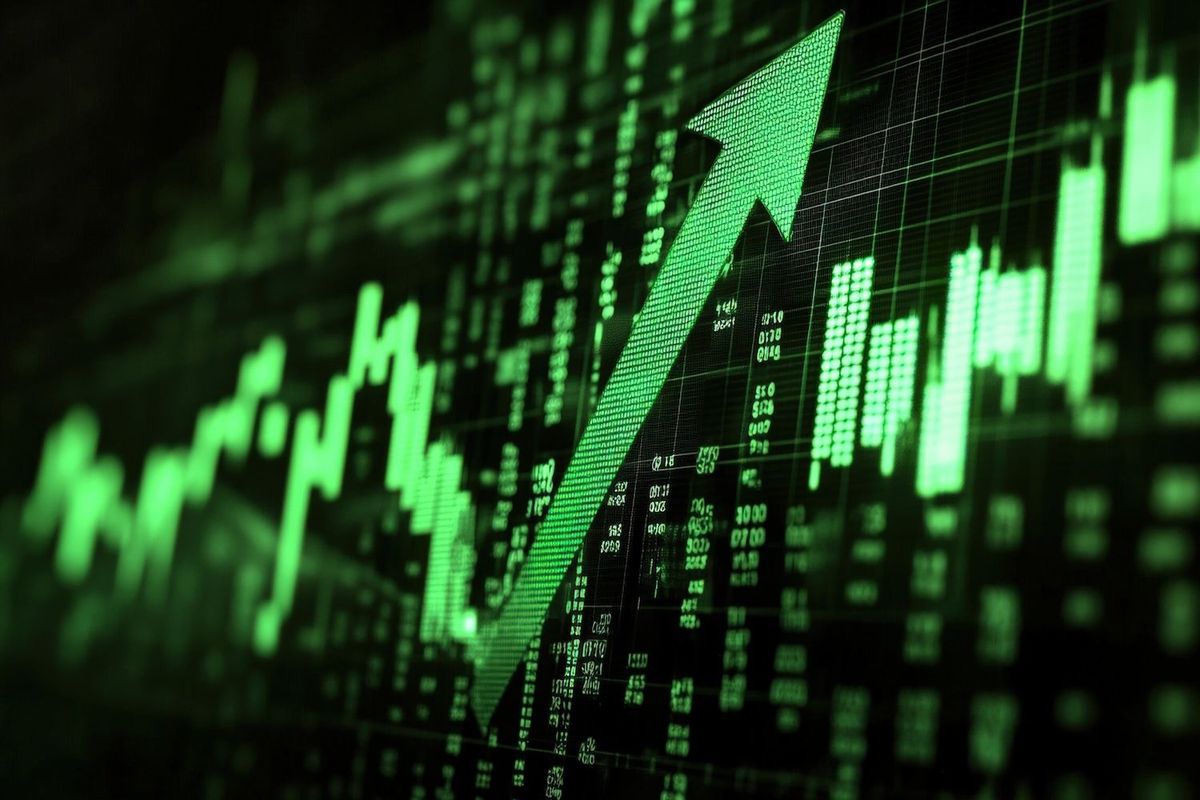 Green financial graph with upward arrow indicating positive market growth.