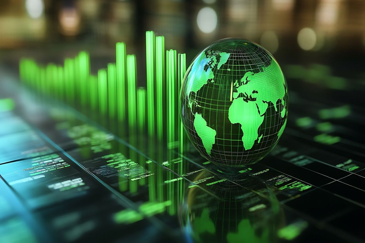Green globe with digital charts and glowing data lines, symbolizing global analytics.
