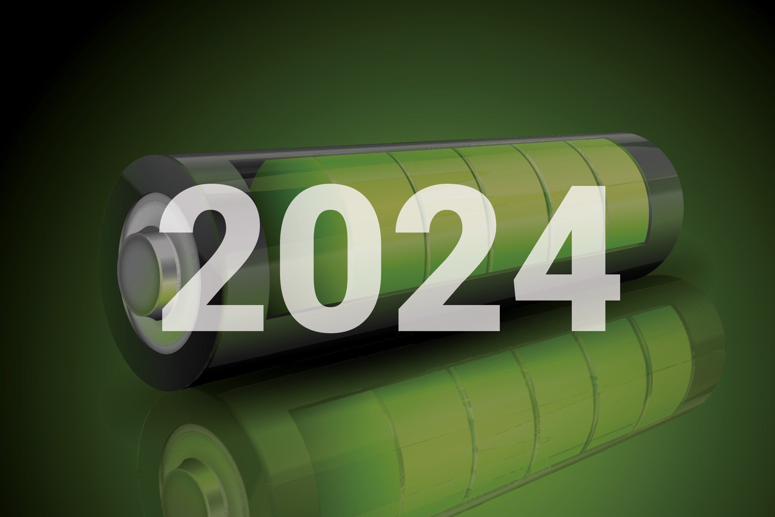 Green lithium-ion battery with "2024" overlay.