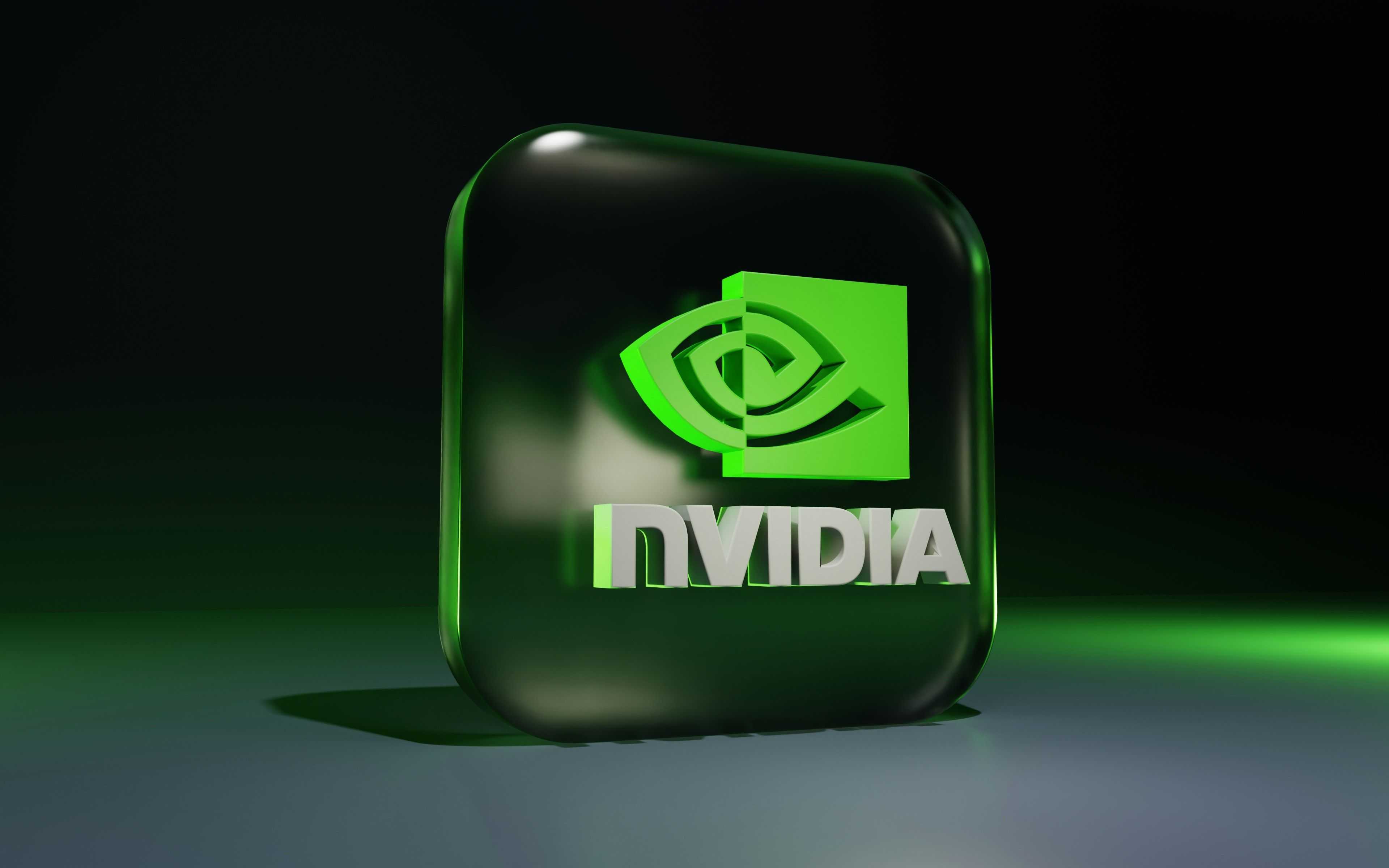 Green NVIDIA logo in a glossy 3D style on a dark background.