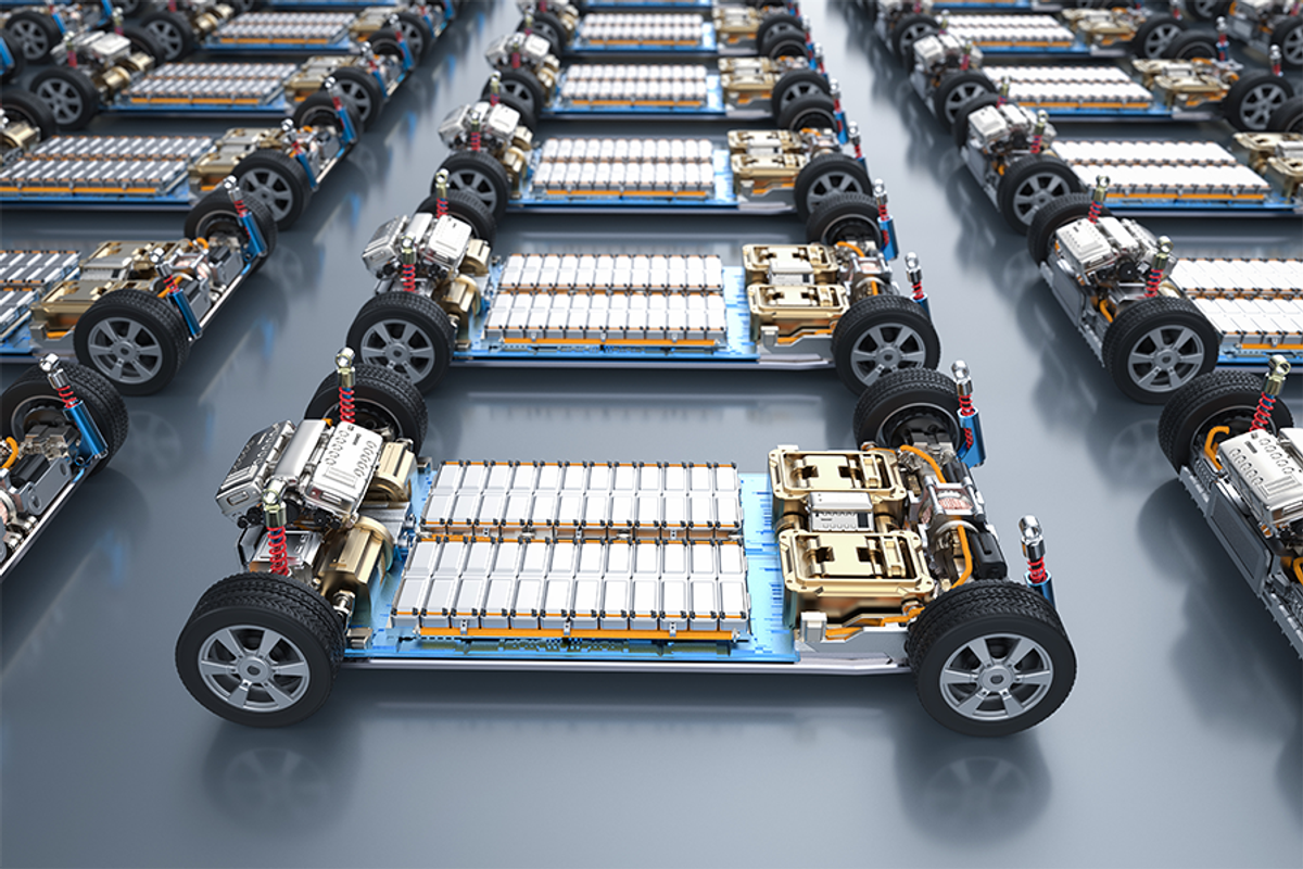 Group of electric cars with battery cell packs.