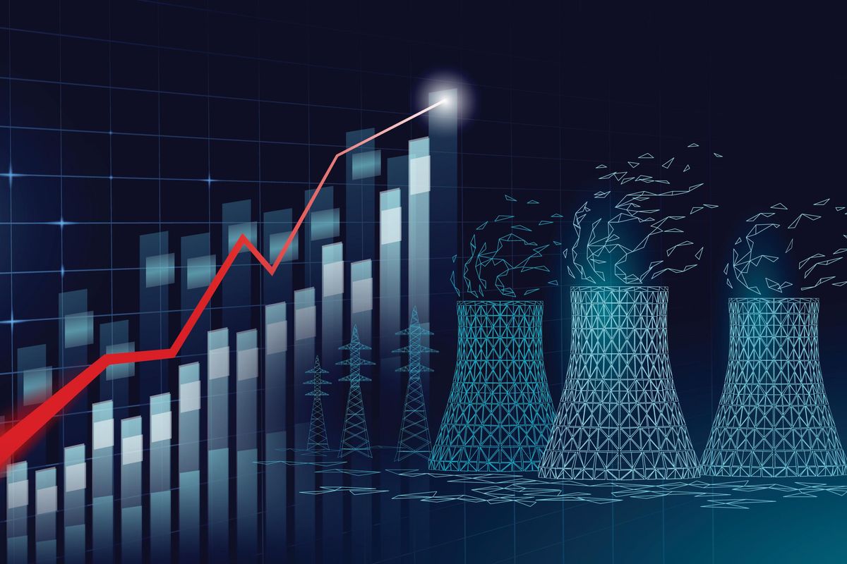 Growing graph and nuclear power station cooling tower.
