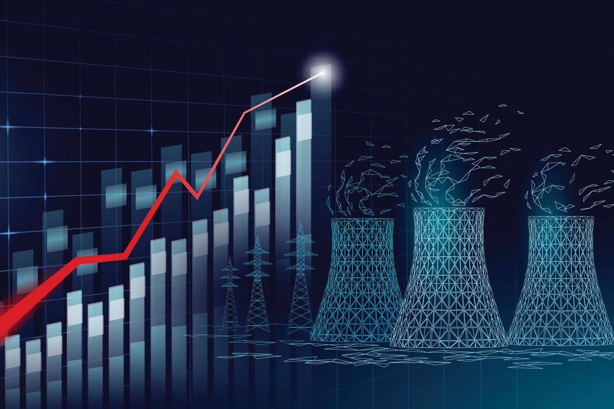 Growing graph and nuclear power station cooling tower.