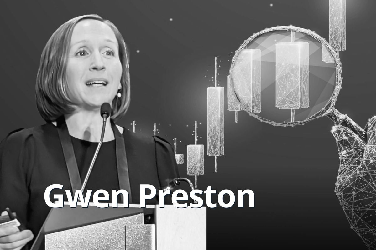 Gwen Preston talking on a podium with chart bars behind.