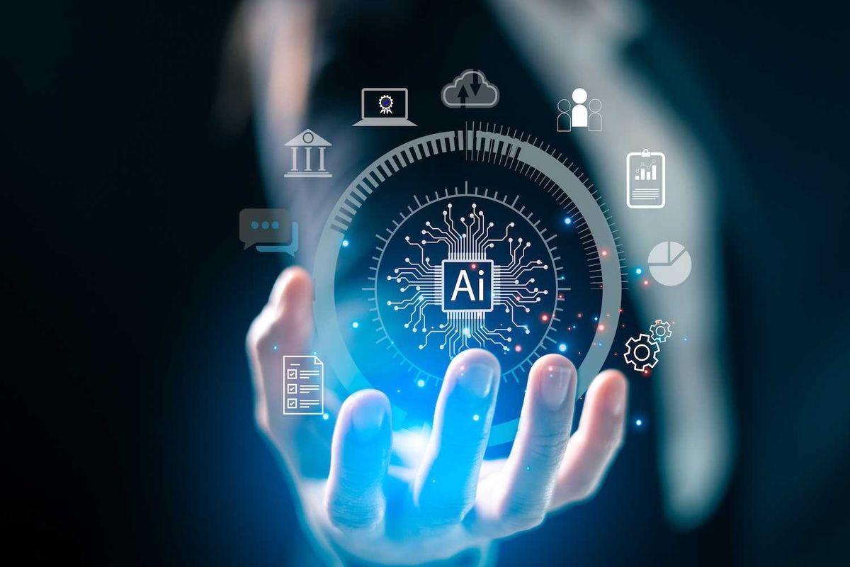 Hand holding a digital AI interface with various tech icons around it.