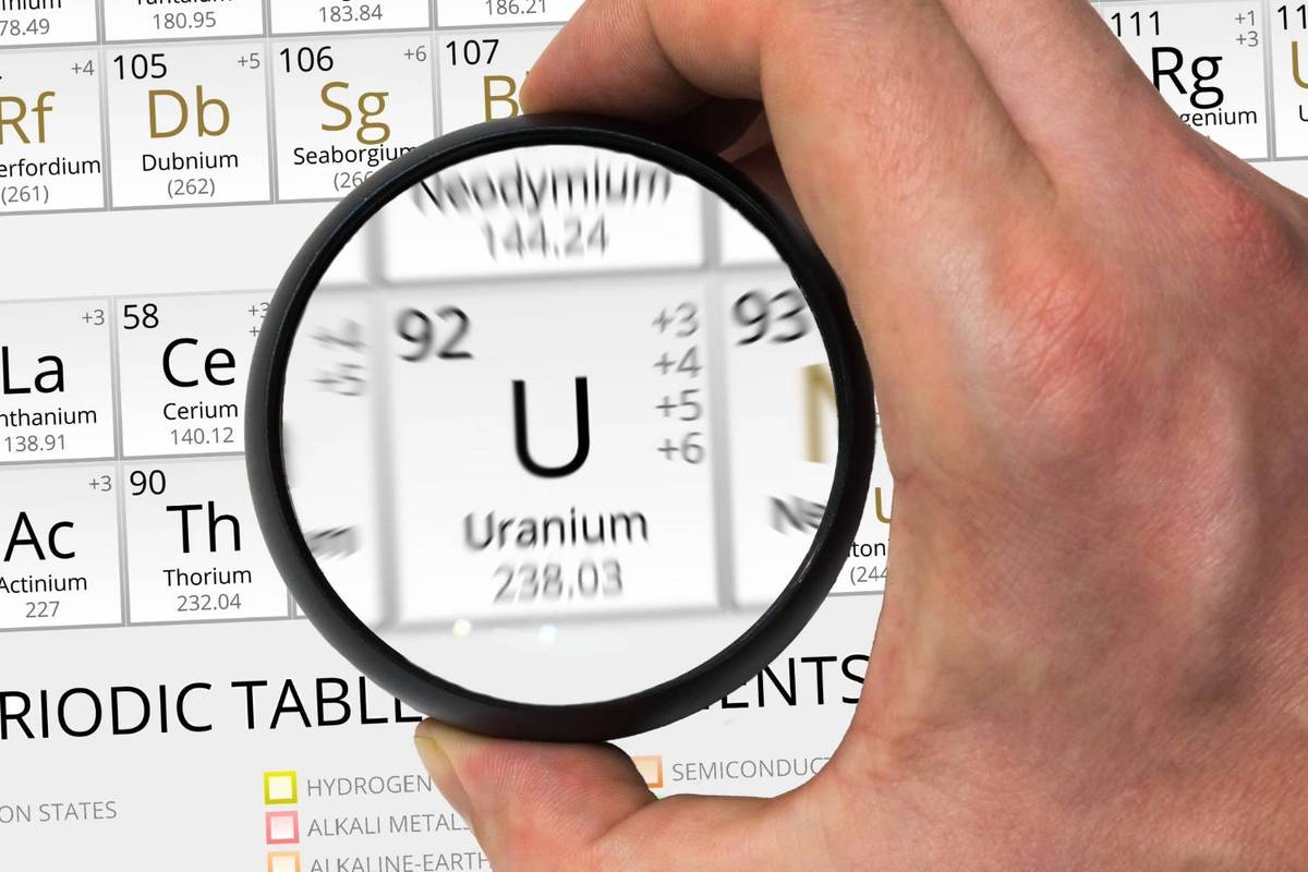 Hand holding a magnifying glass over uranium on the periodic table.