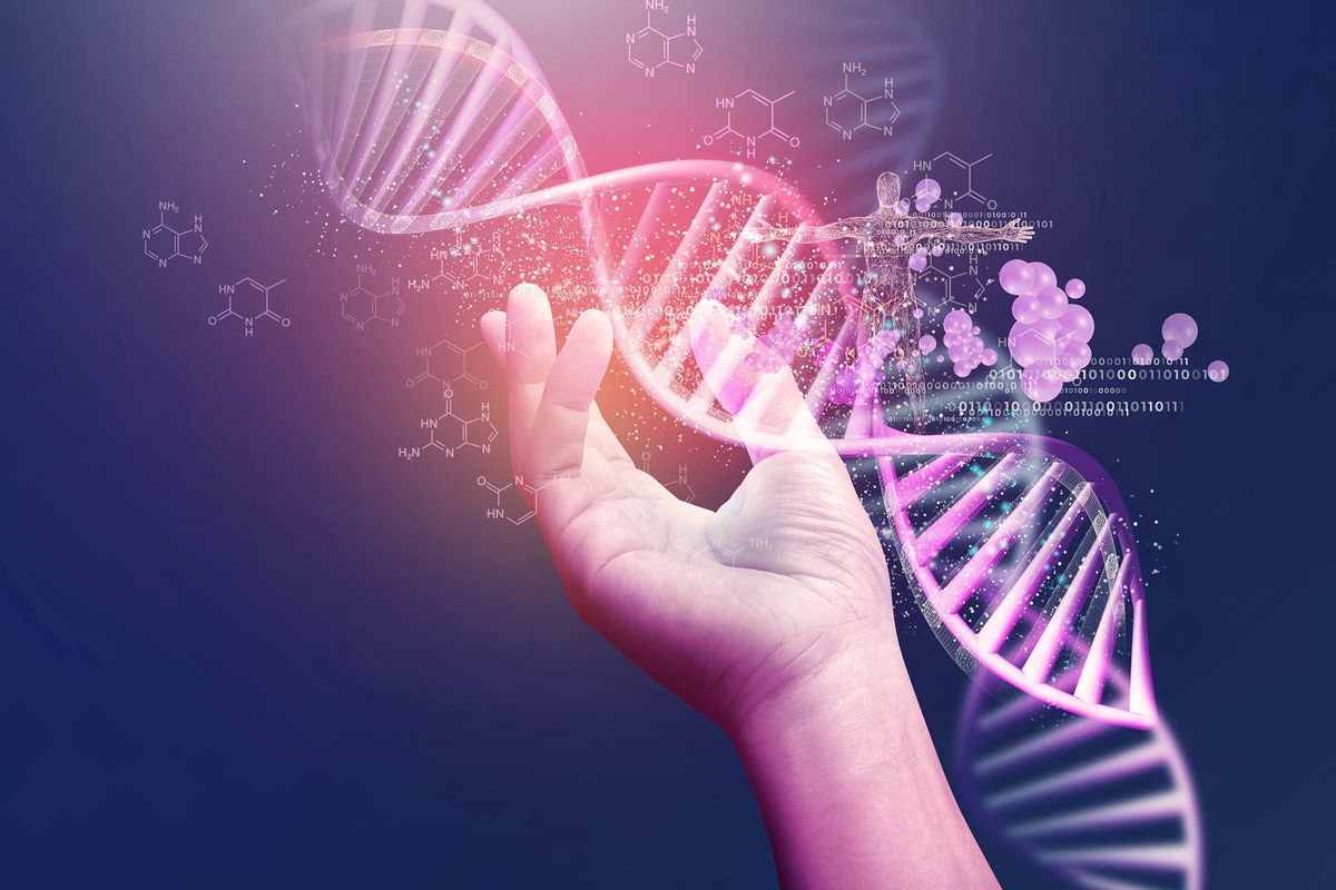 Hand holding glowing DNA strands with molecular structures.