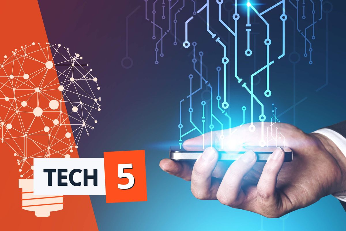 Hand holding phone with digital circuit design, "Tech 5" on orange and blue background.
