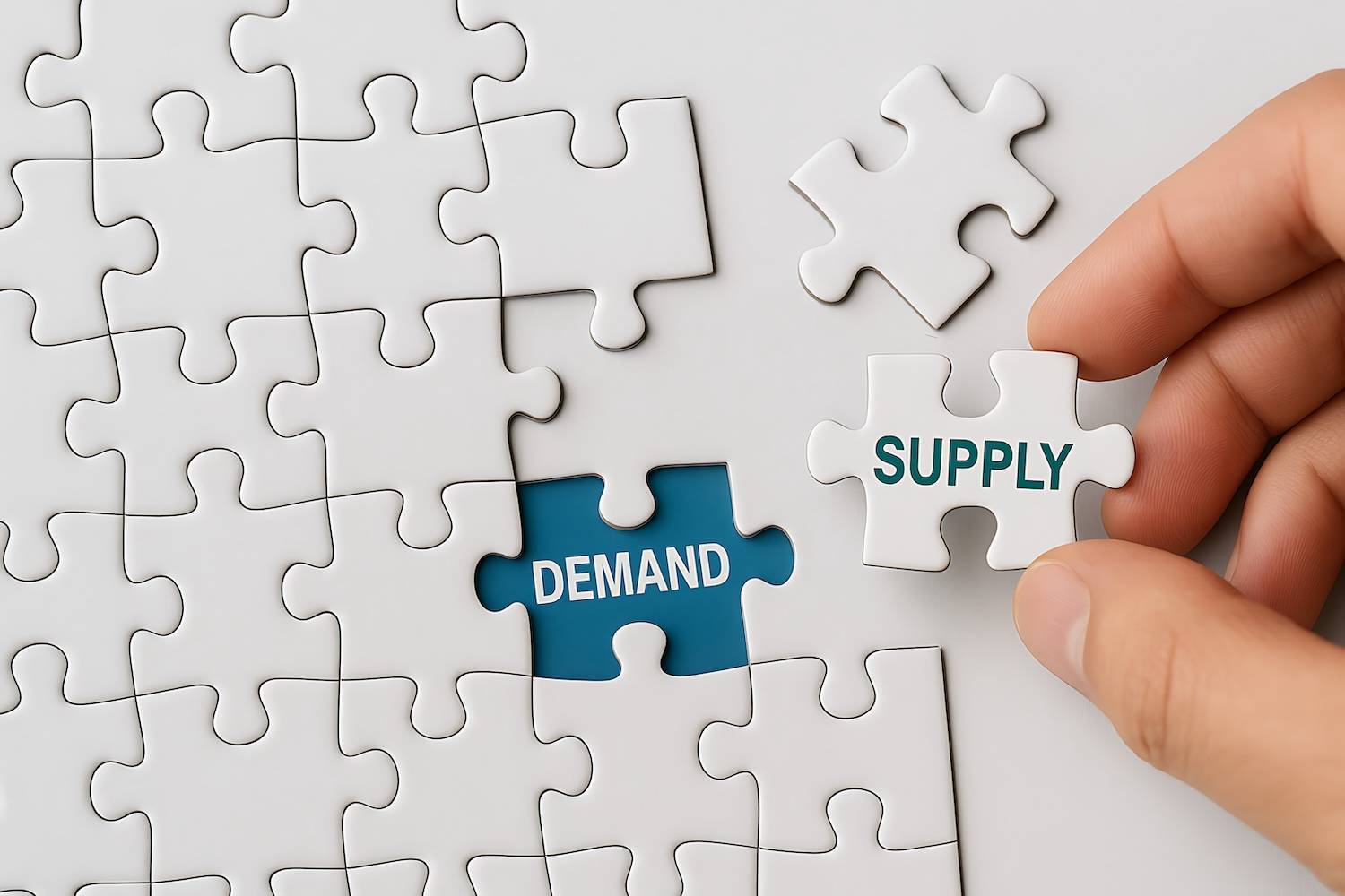 Hand holds puzzle piece labeled "supply" near a puzzle where a piece labeled "demand" is missing.