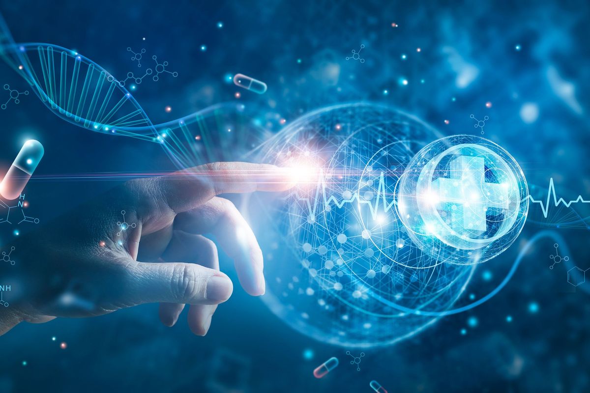 Hand reaching out to healthcare symbols.