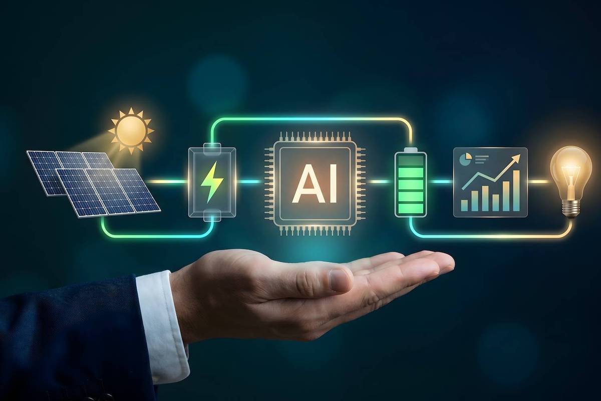Hand supports images of solar panels, batteries and graphs with glowing connections and icons.