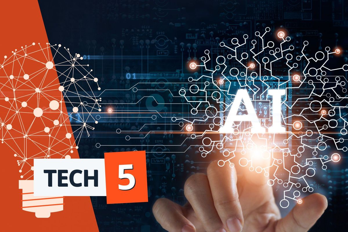 Hand touching AI hologram with tech circuit pattern.