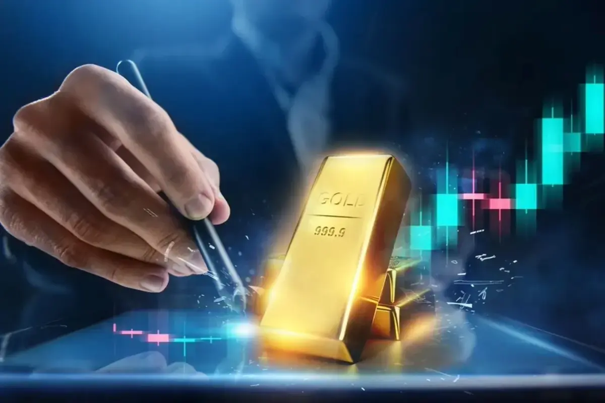 Hand with gold bar and stock chart.