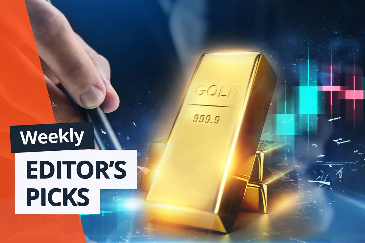 Hand with pen points at gold bars amid glowing blue and red financial graphs; text reads: "Weekly Editor’s Picks."