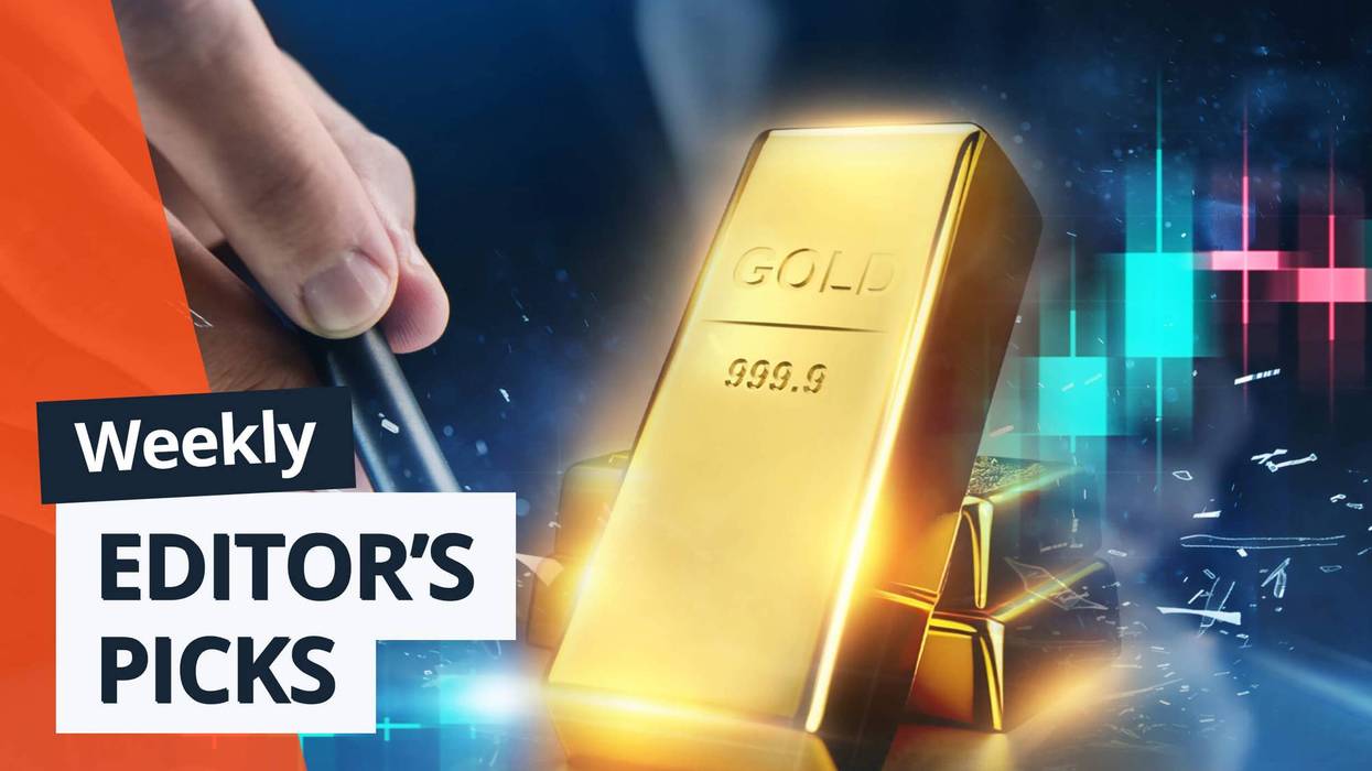 Hand with pen points at gold bars amid glowing blue and red financial graphs; text reads: "Weekly Editor’s Picks."