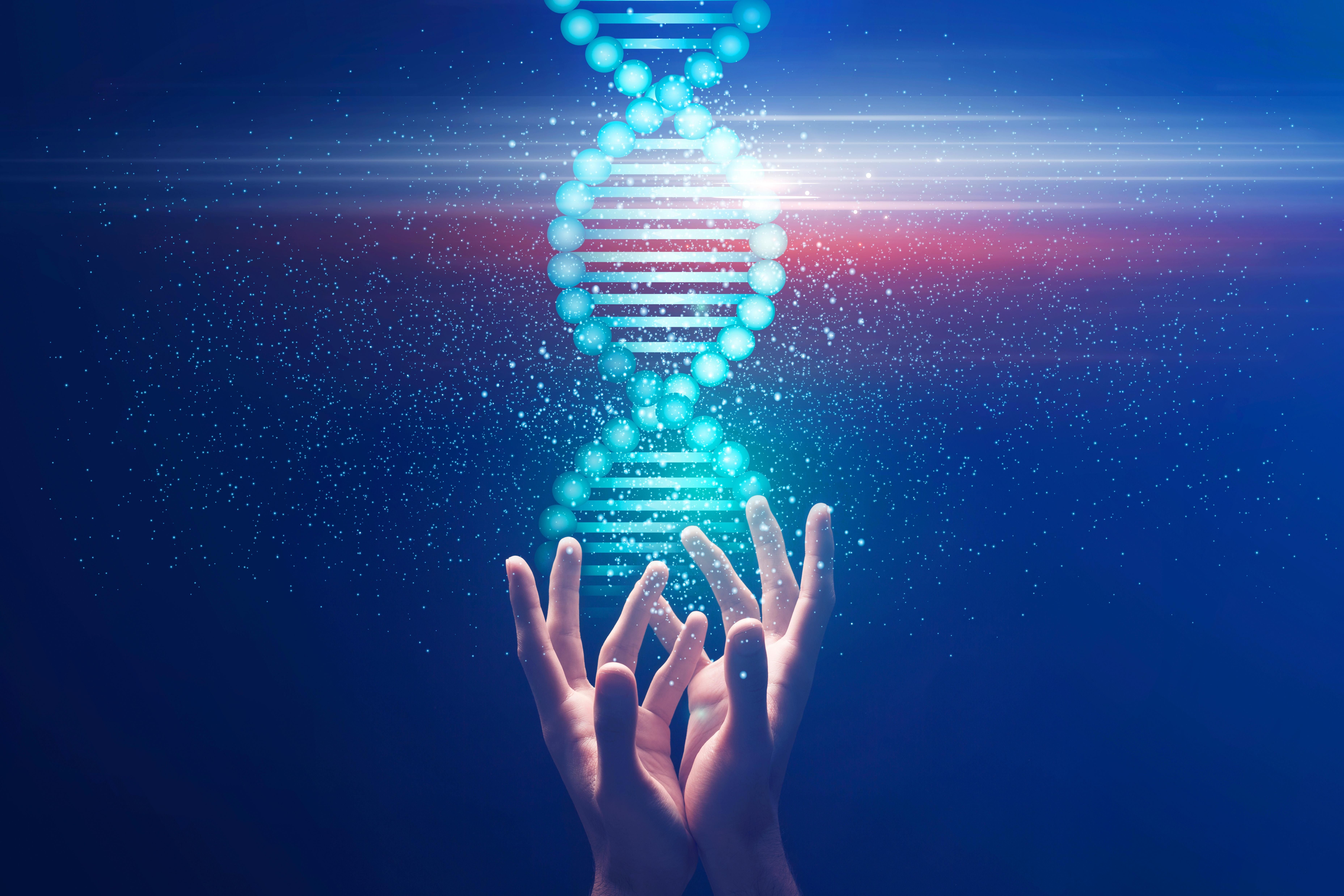 hands holding a 3D rendering of a double helix