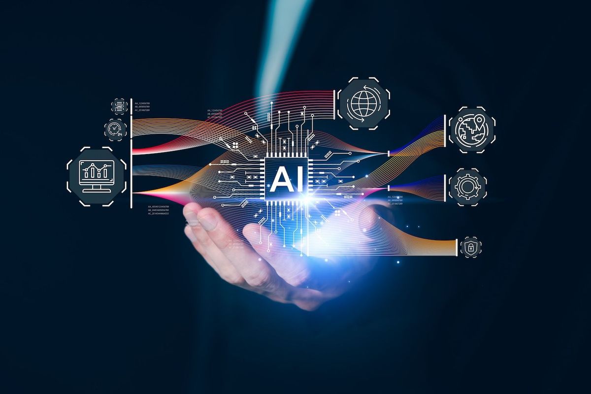 Hands holding a glowing AI circuit with digital network icons.