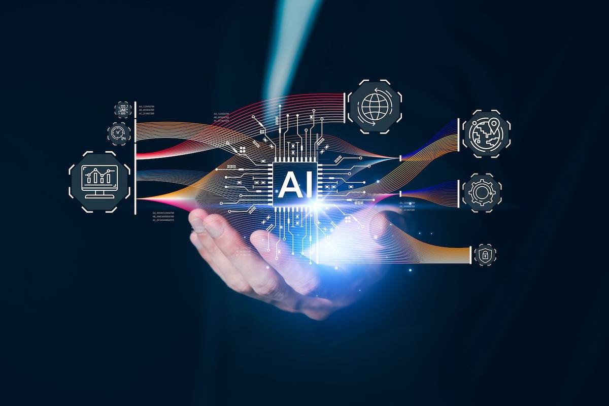 Hands holding a glowing AI circuit with digital network icons.
