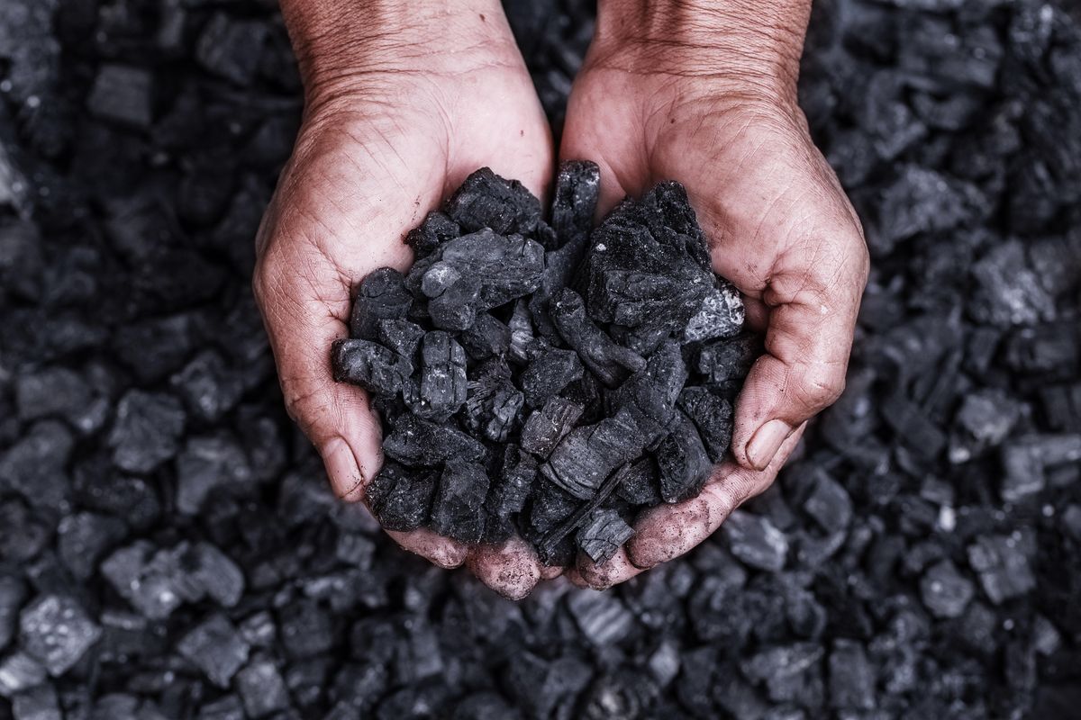 hands holding coal