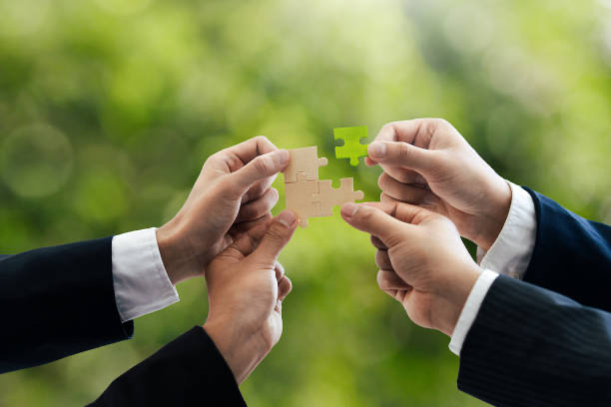 Hands holding puzzle pieces against green background.