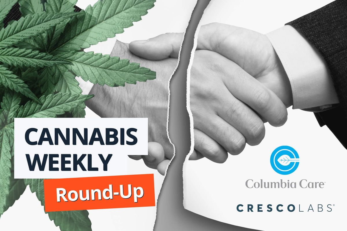 handshake being ripped in half with cresco labs and columbia care logos