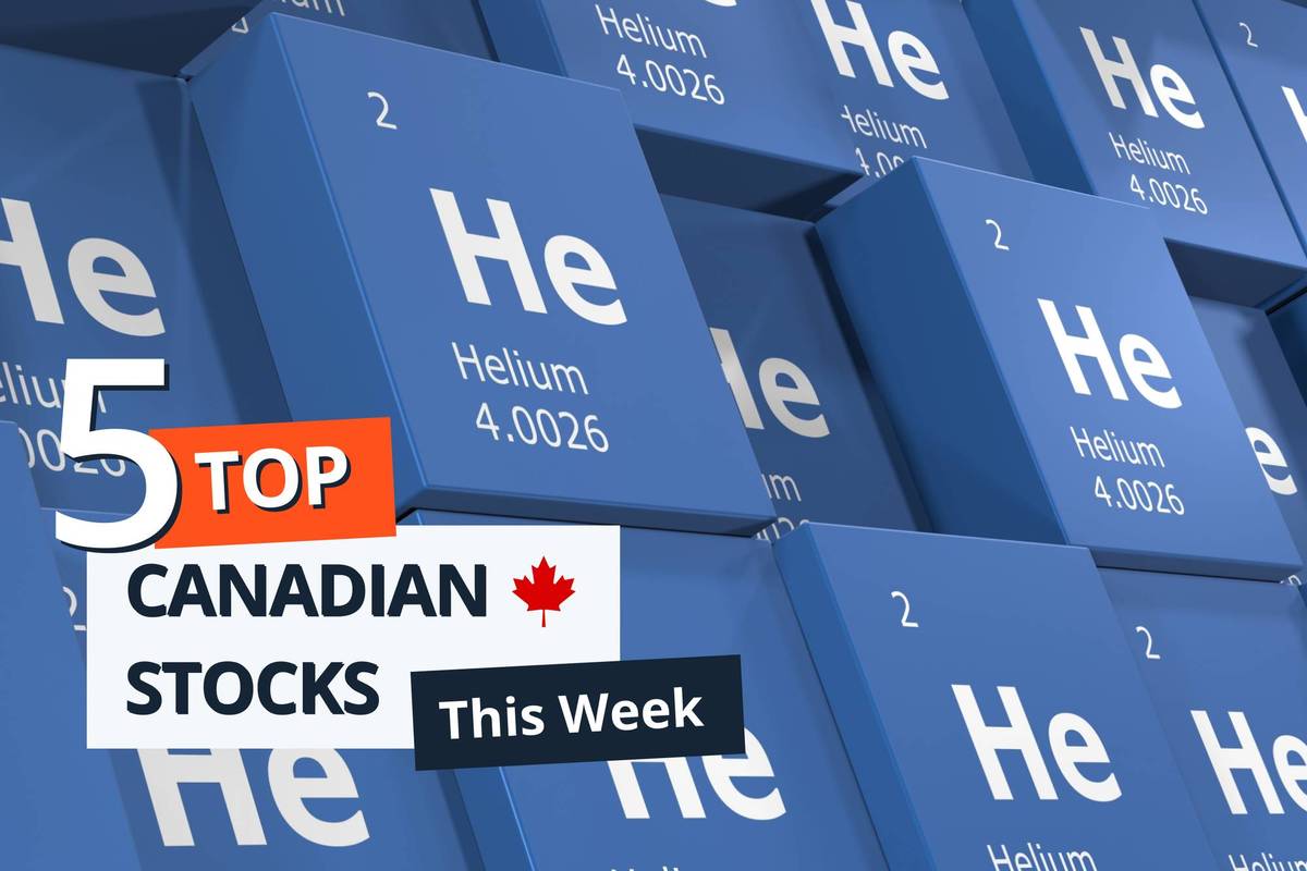Helium on periodic table with text in foreground reading: "5 Top Canadian Stocks This Week."