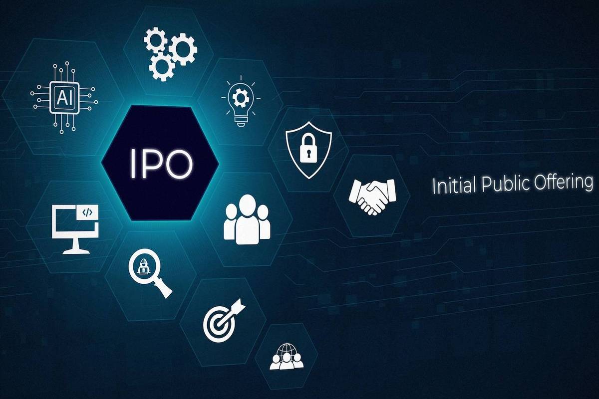 Hexagons with white icons surrounding a central "IPO" hexagon on blue backdrop; text reads: Initial Public Offering.