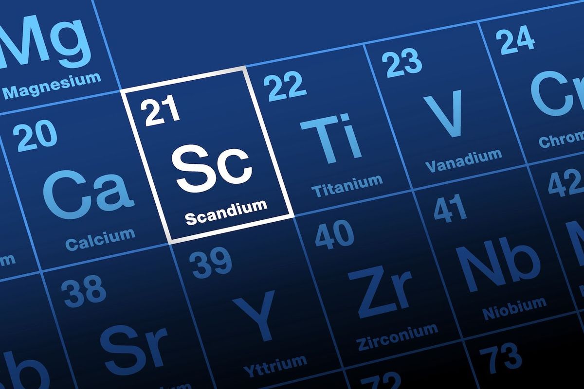Highlighted Scandium on a blue periodic table background.